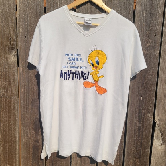 Warner Bros. Studio Store Tops - Vintage Y2K 1999 Warner Bros Tweety Bird Embroidered V-Neck T-Shirt White XS